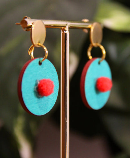 Teal with Red Pom-Pom Circular Earrings
