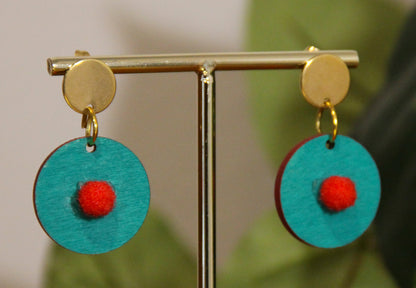 Teal with Red Pom-Pom Circular Earrings