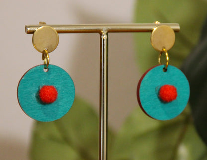 Teal with Red Pom-Pom Circular Earrings