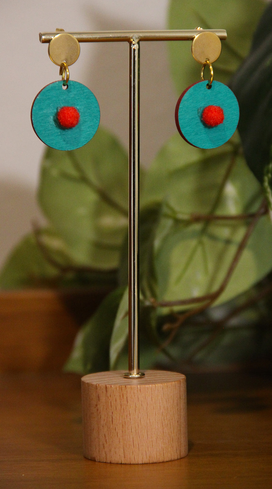 Teal with Red Pom-Pom Circular Earrings