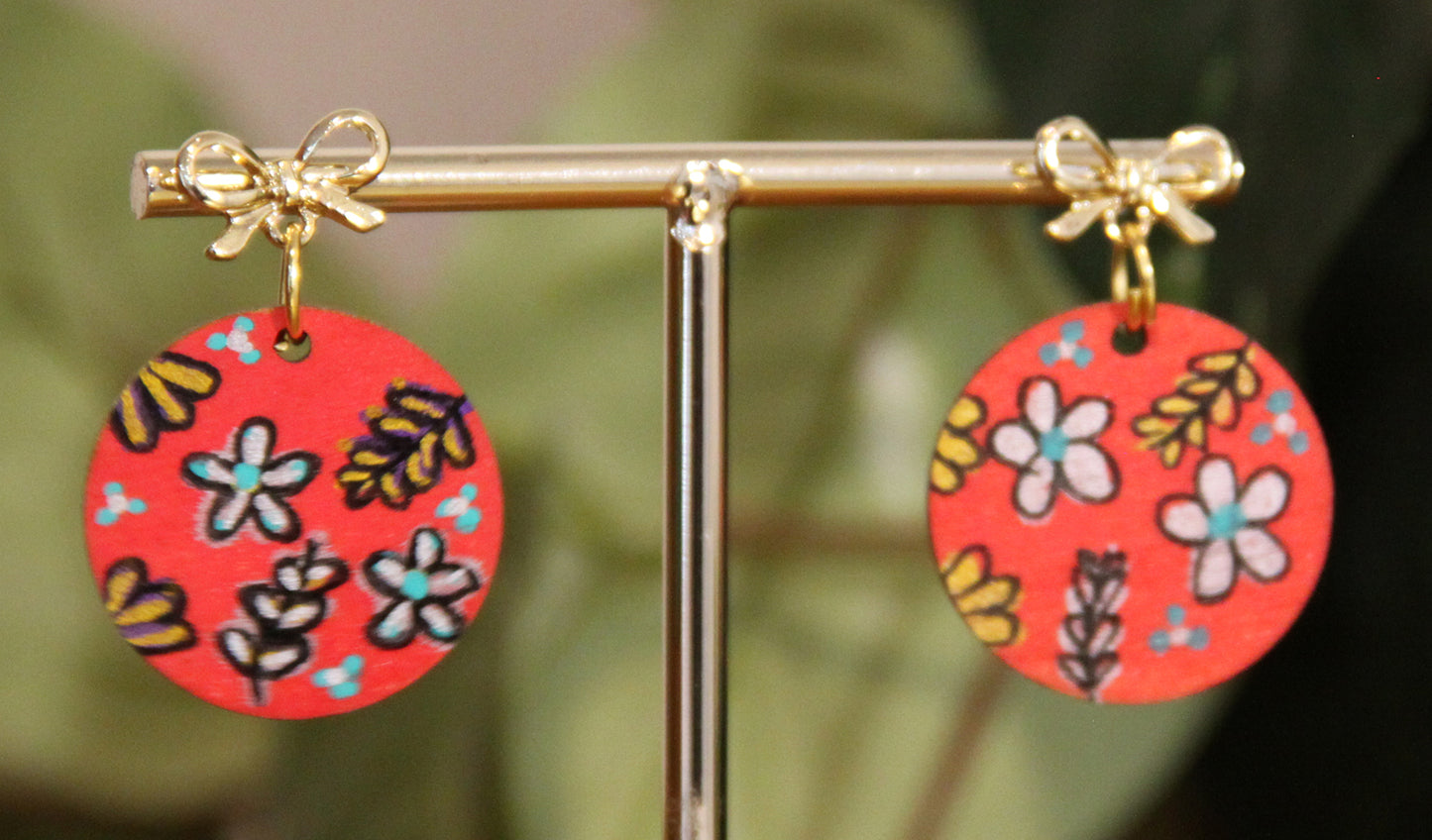 Floral Red, Gold and Silver Circular Earrings