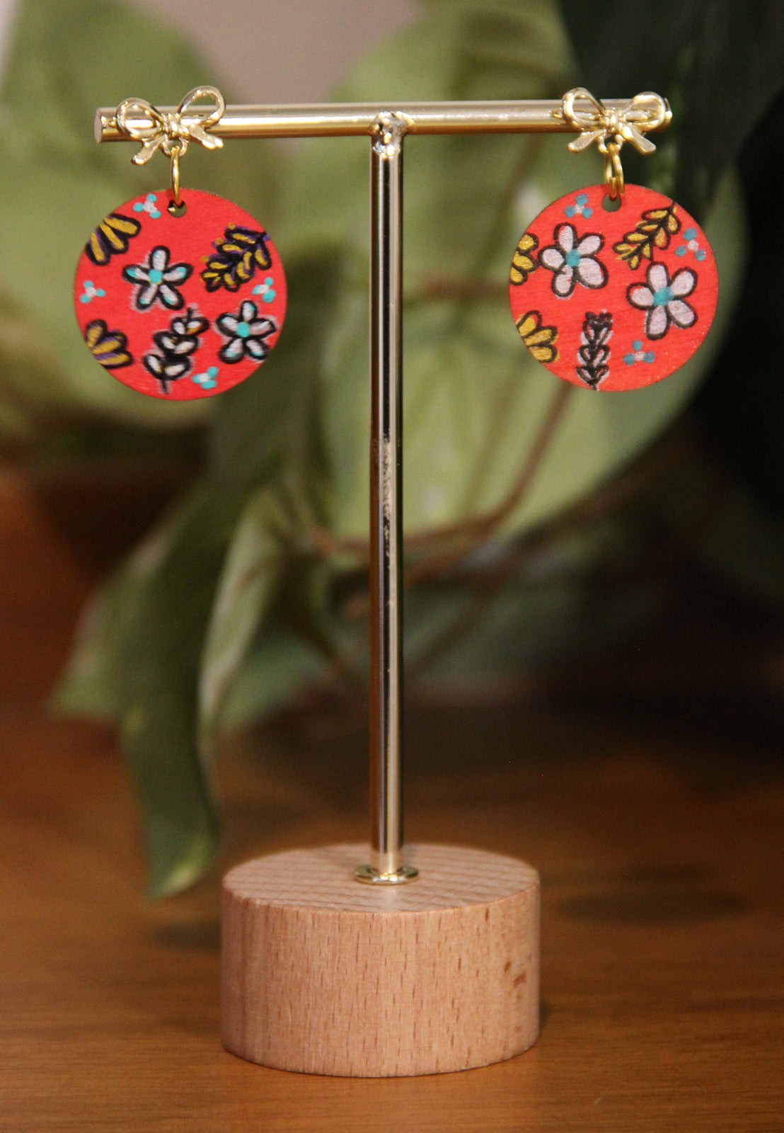 Floral Red, Gold and Silver Circular Earrings