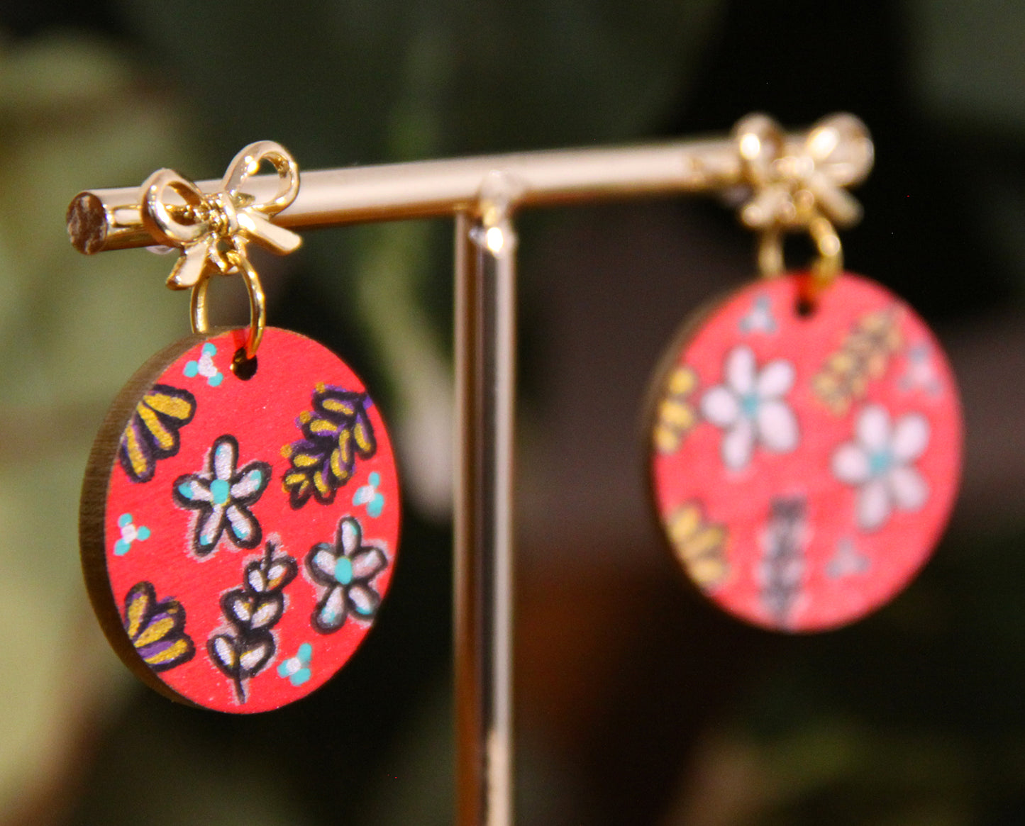 Floral Red, Gold and Silver Circular Earrings