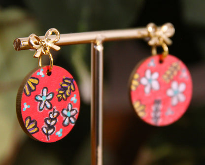 Floral Red, Gold and Silver Circular Earrings