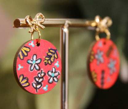 Floral Red, Gold and Silver Circular Earrings