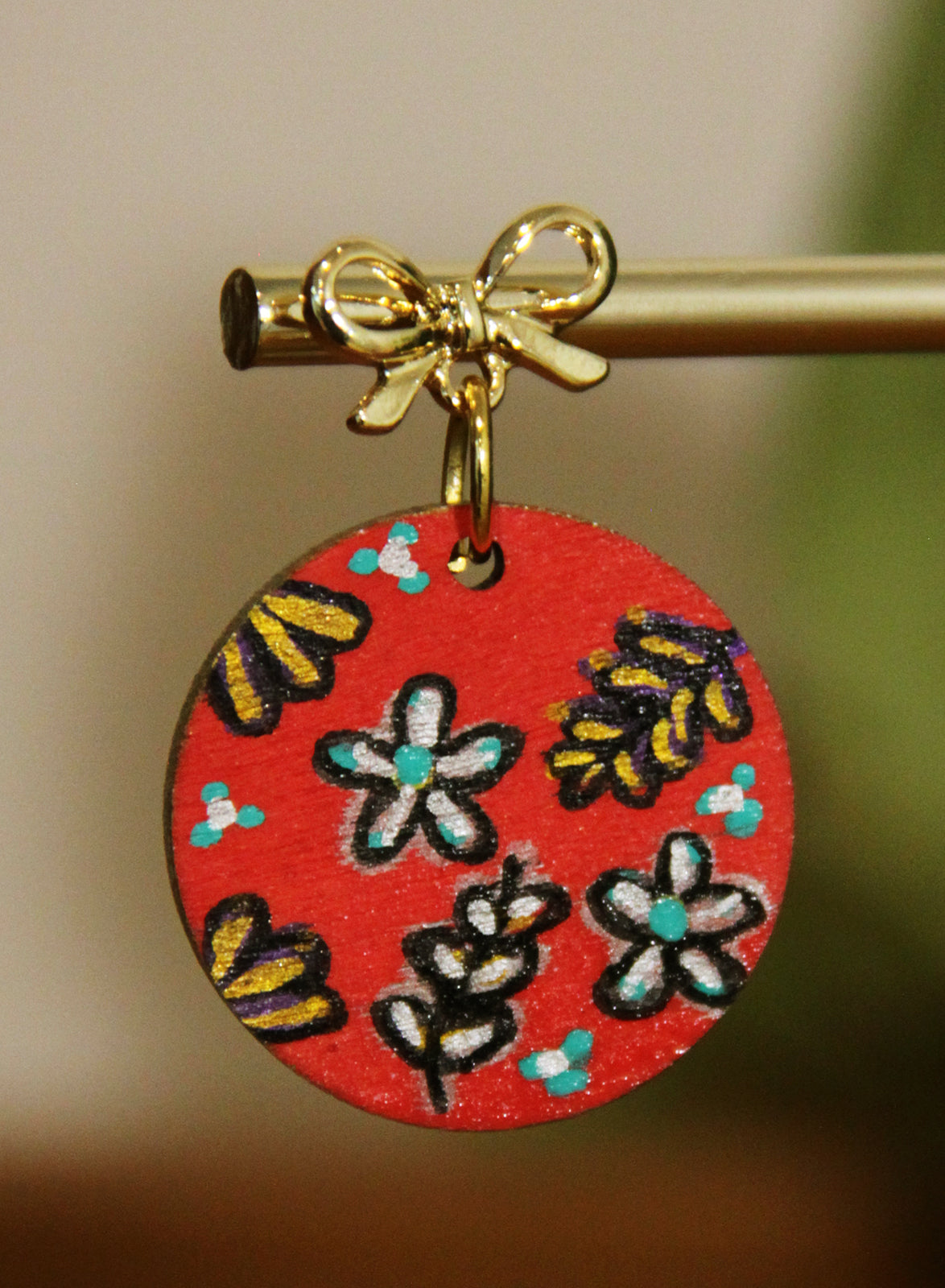 Floral Red, Gold and Silver Circular Earrings