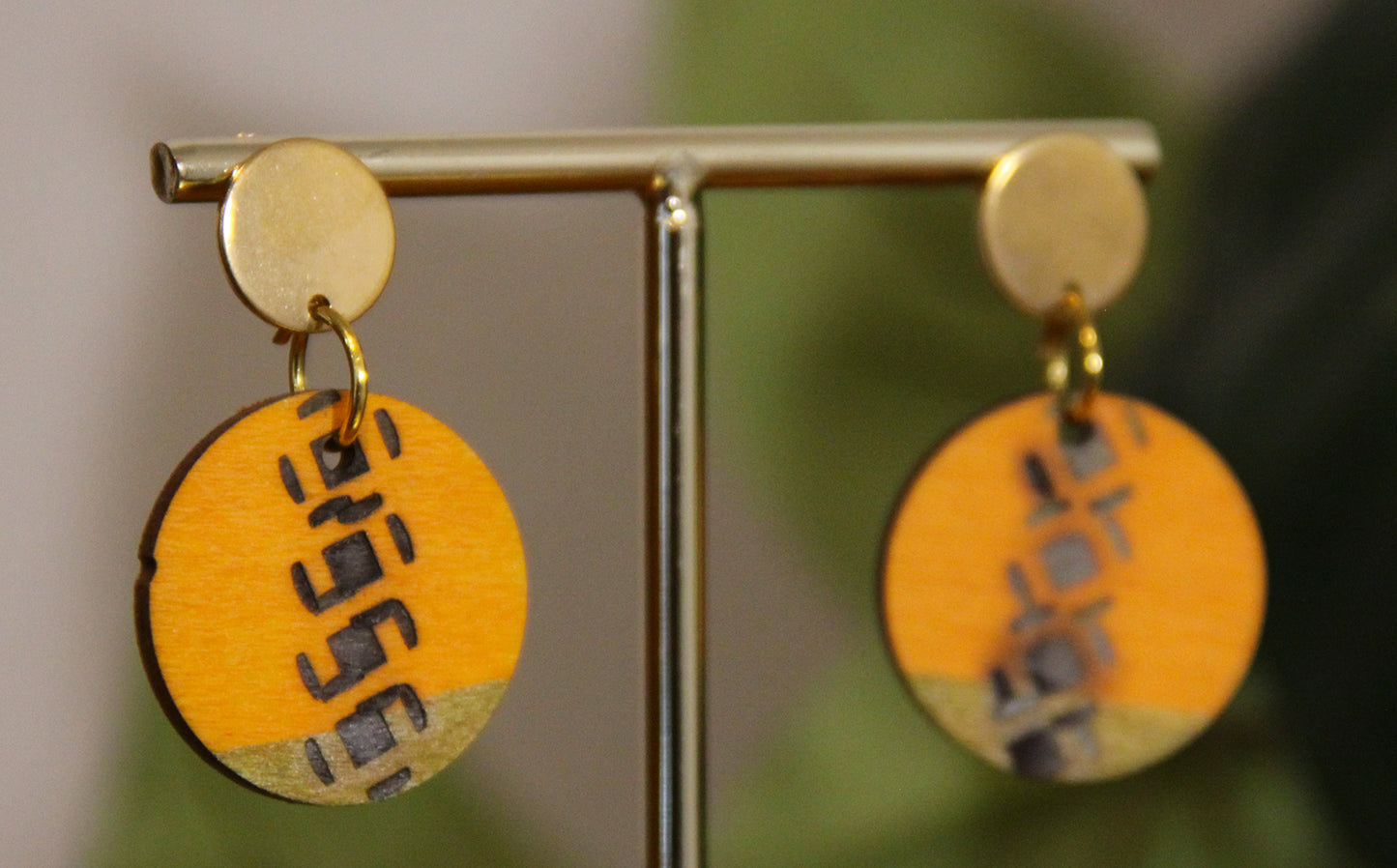 Yellow and Gold Burnt Geometric Circular Earrings