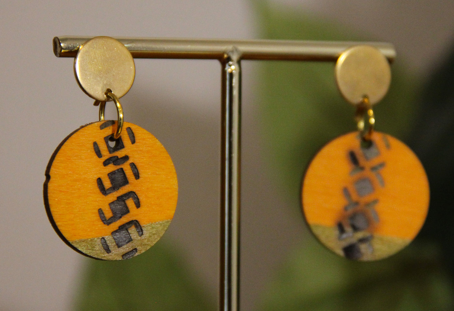 Yellow and Gold Burnt Geometric Circular Earrings