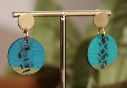 Teal and Gold Burnt Geometric Circular Earrings