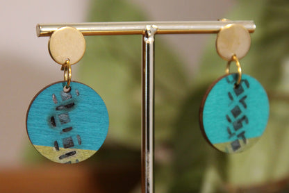 Teal and Gold Burnt Geometric Circular Earrings