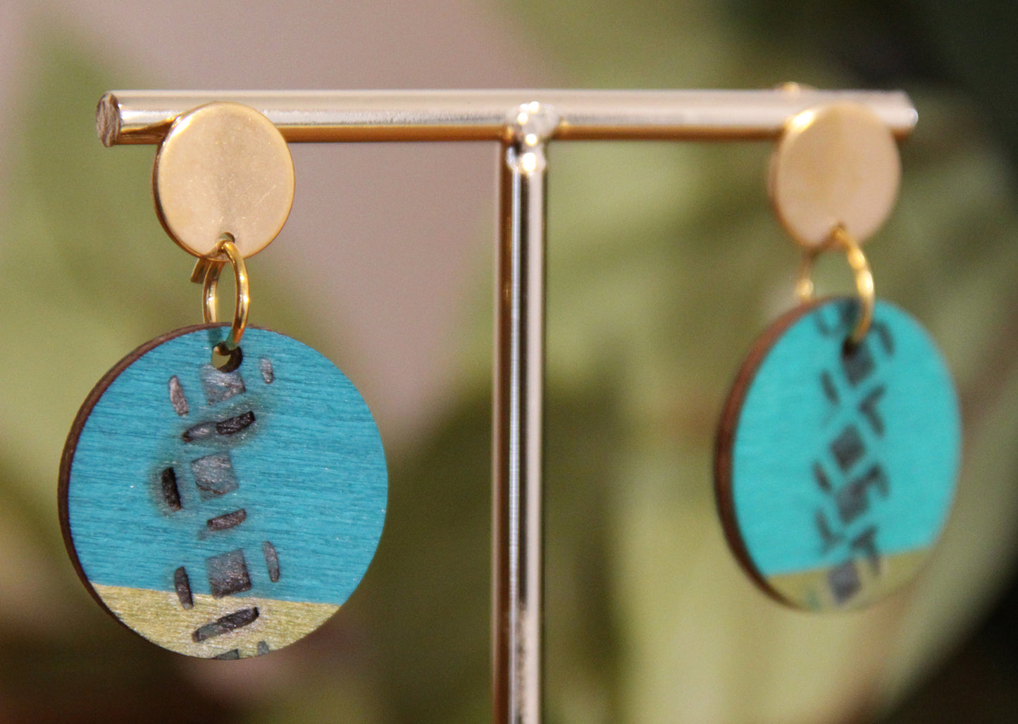 Teal and Gold Burnt Geometric Circular Earrings