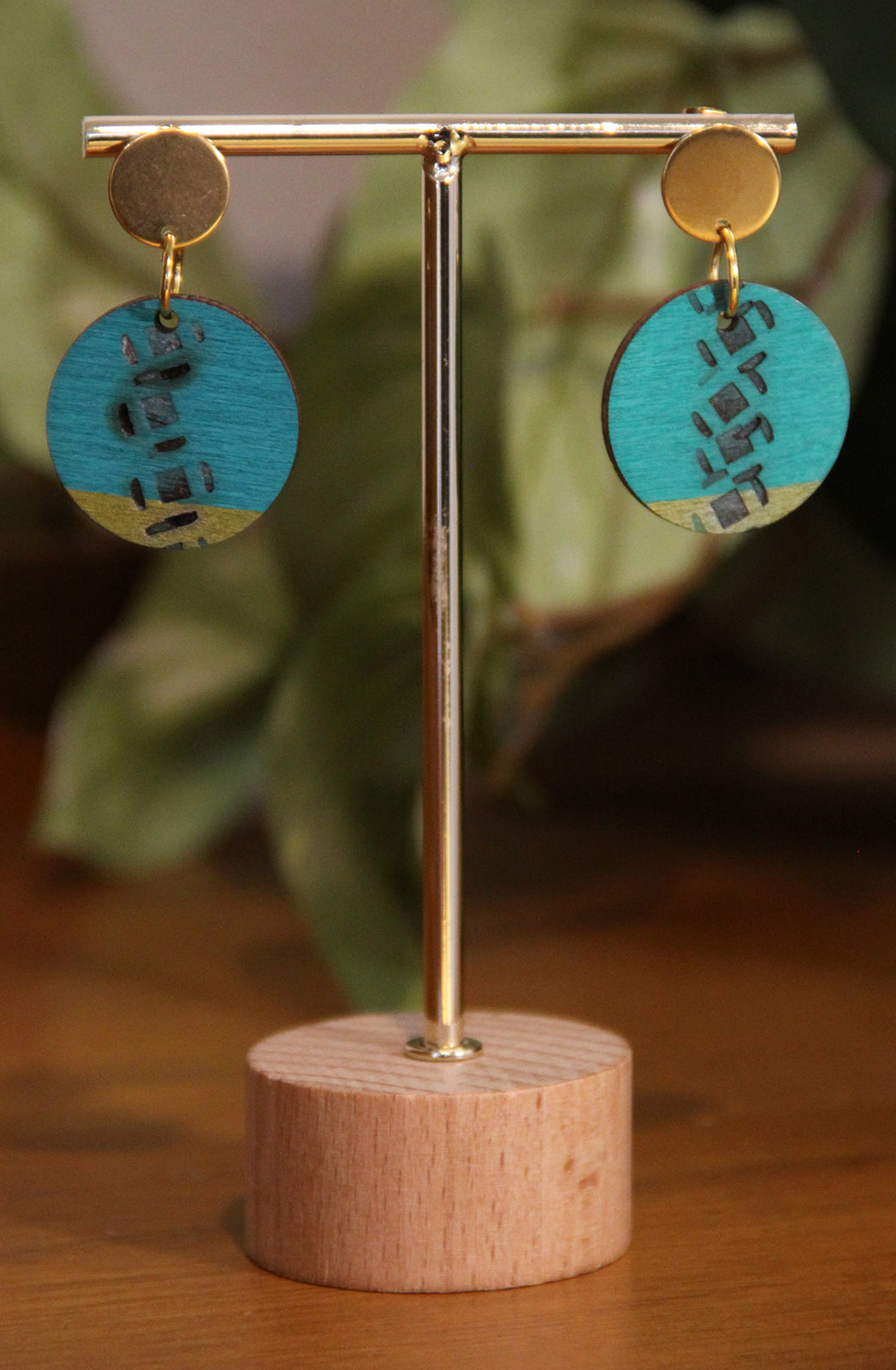 Teal and Gold Burnt Geometric Circular Earrings