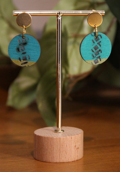 Teal and Gold Burnt Geometric Circular Earrings