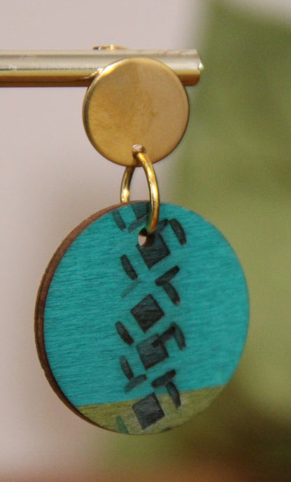 Teal and Gold Burnt Geometric Circular Earrings