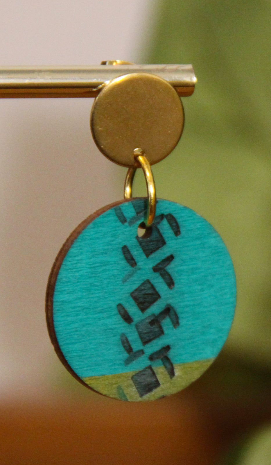 Teal and Gold Burnt Geometric Circular Earrings