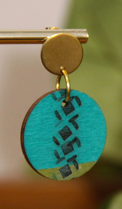 Teal and Gold Burnt Geometric Circular Earrings