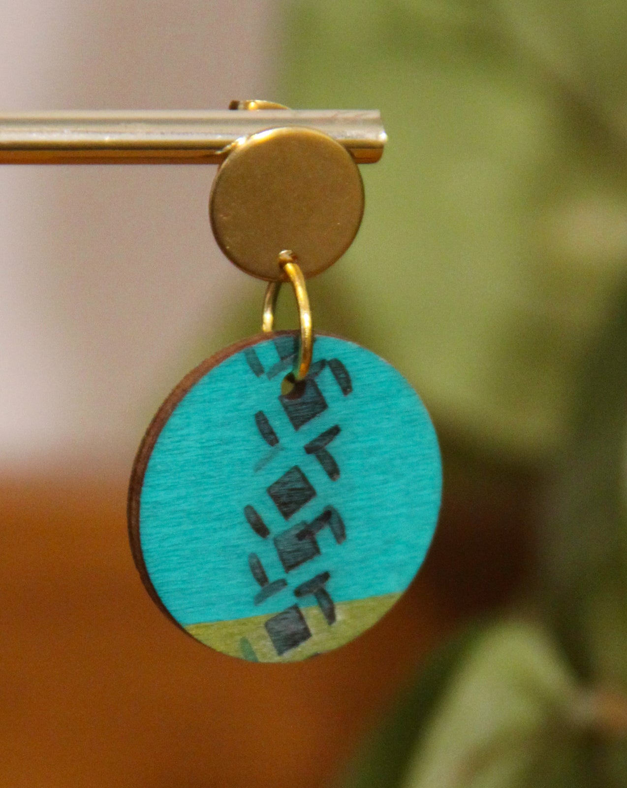 Teal and Gold Burnt Geometric Circular Earrings
