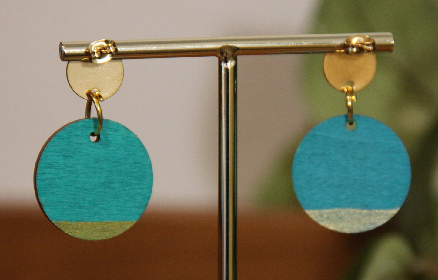 Teal and Gold Burnt Geometric Circular Earrings