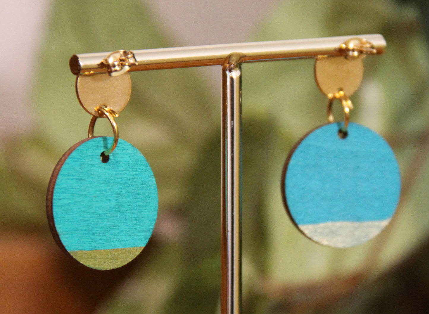 Teal and Gold Burnt Geometric Circular Earrings