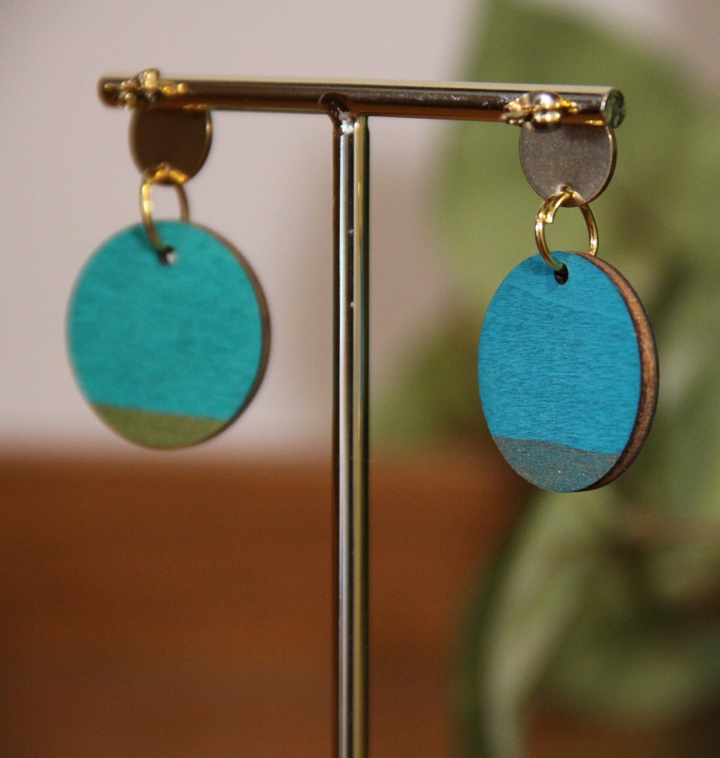 Teal and Gold Burnt Geometric Circular Earrings