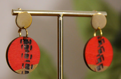 Red and Gold Burnt Geometric Circular Earrings