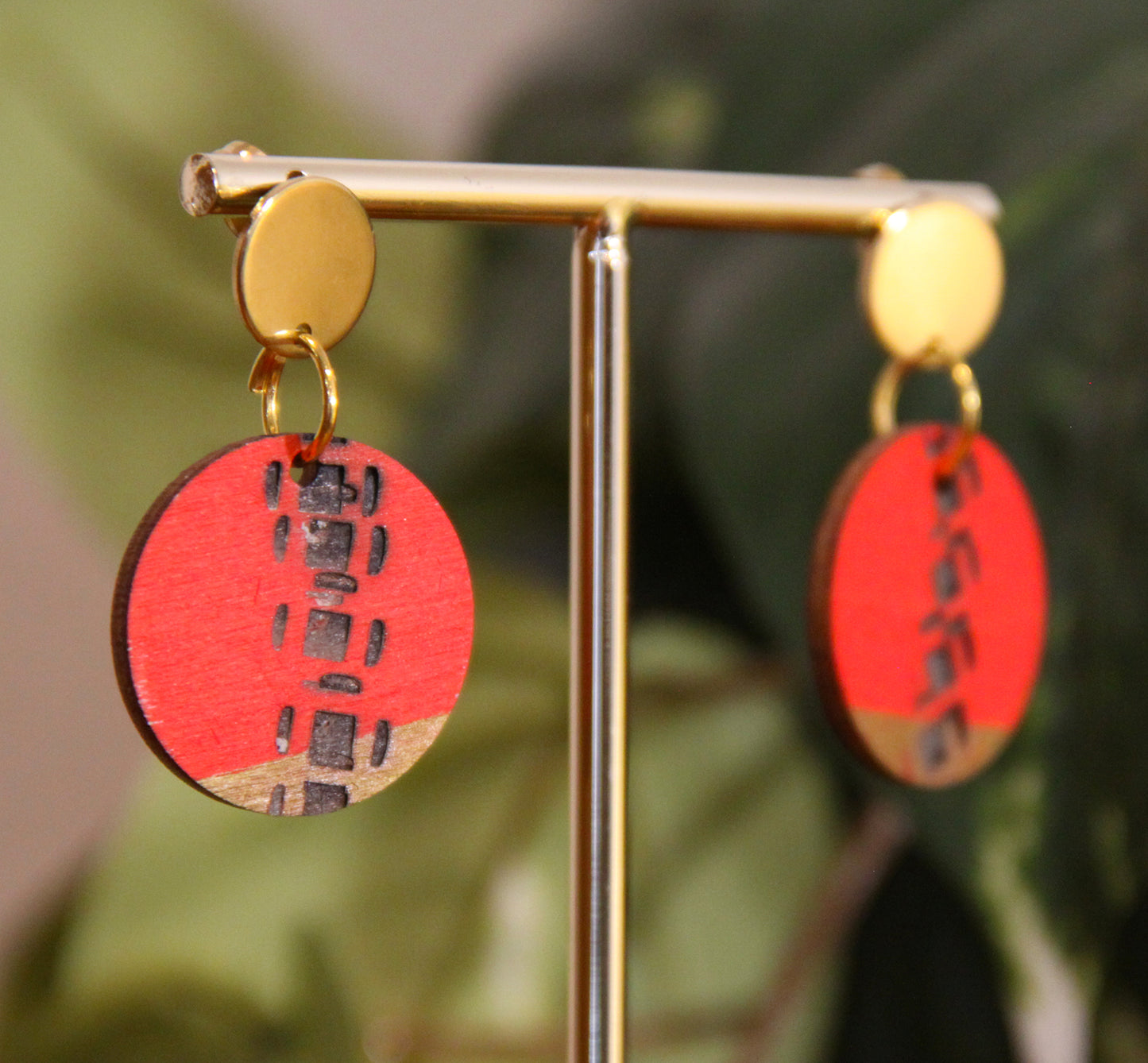 Red and Gold Burnt Geometric Circular Earrings