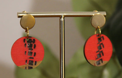 Red and Gold Burnt Geometric Circular Earrings