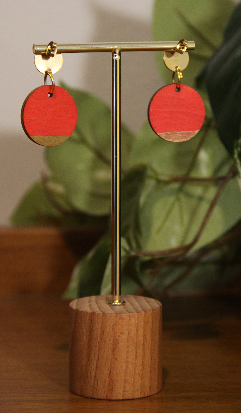 Red and Gold Burnt Geometric Circular Earrings