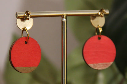 Red and Gold Burnt Geometric Circular Earrings