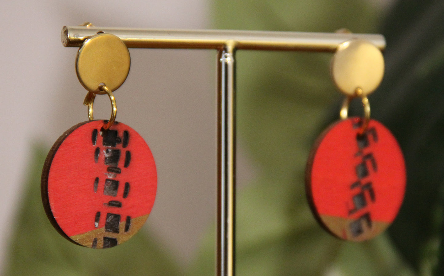 Red and Gold Burnt Geometric Circular Earrings