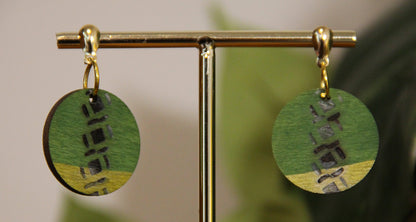 Green and Gold Burnt Geometric Circular Earrings