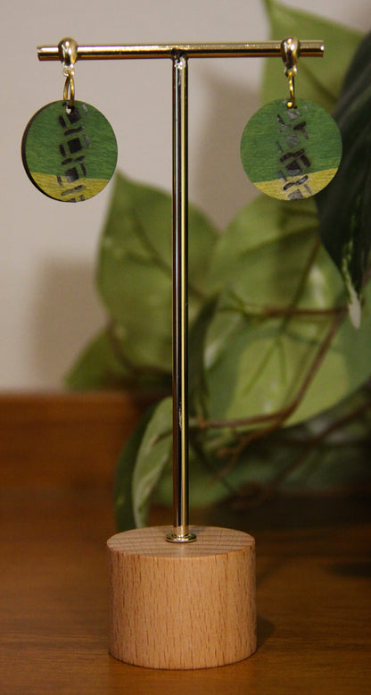 Green and Gold Burnt Geometric Circular Earrings
