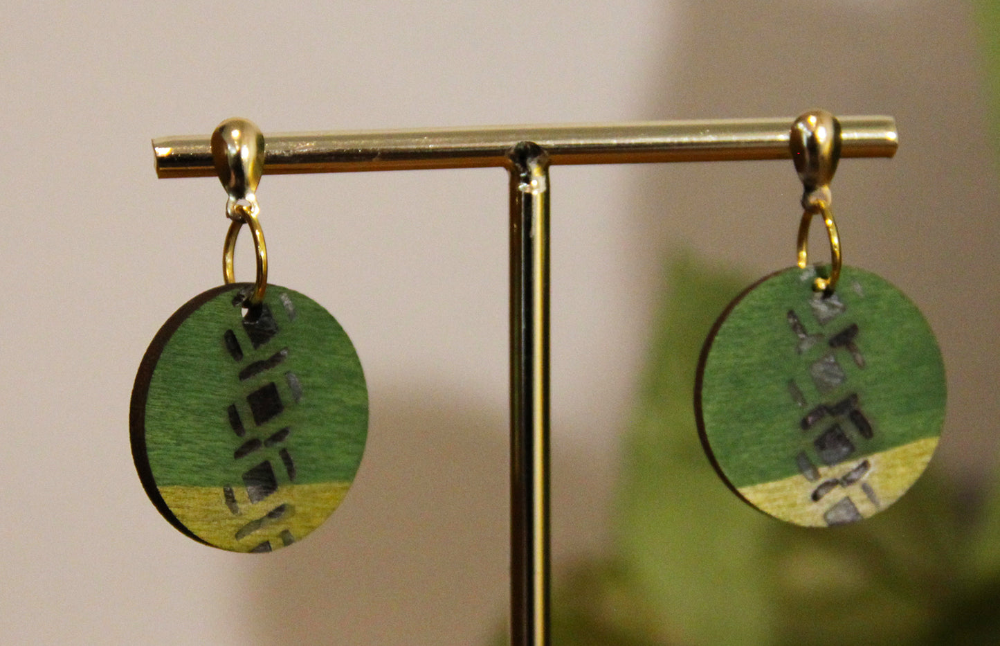 Green and Gold Burnt Geometric Circular Earrings