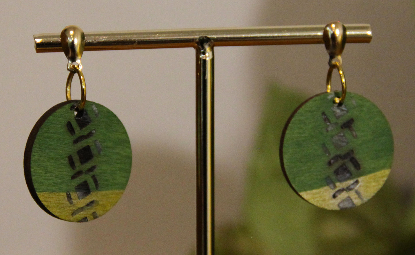 Green and Gold Burnt Geometric Circular Earrings