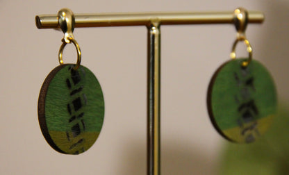 Green and Gold Burnt Geometric Circular Earrings