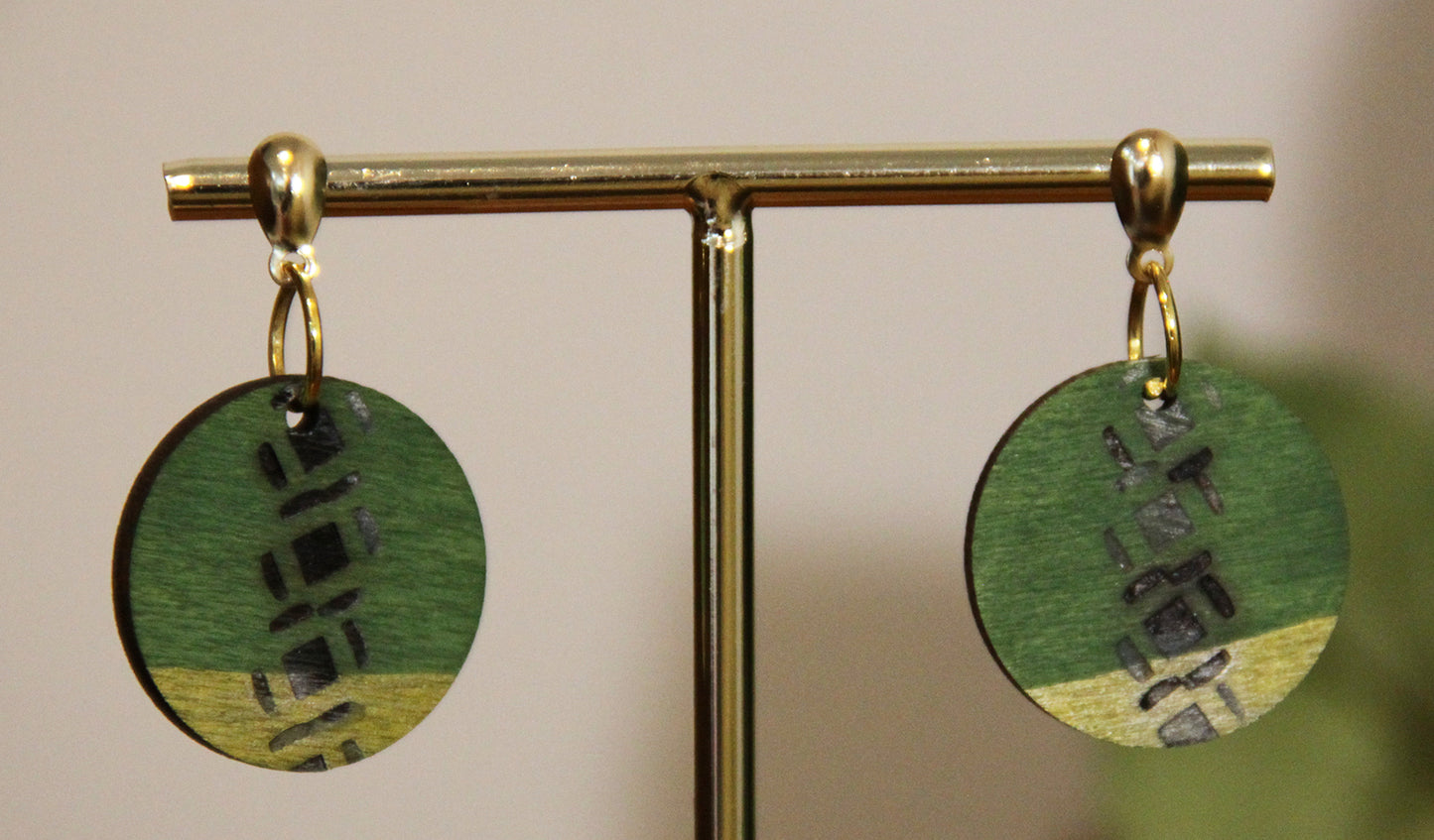 Green and Gold Burnt Geometric Circular Earrings