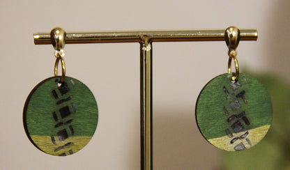 Green and Gold Burnt Geometric Circular Earrings