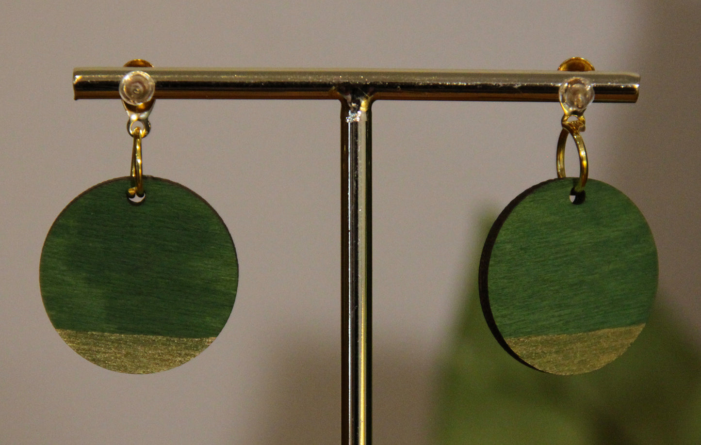 Green and Gold Burnt Geometric Circular Earrings