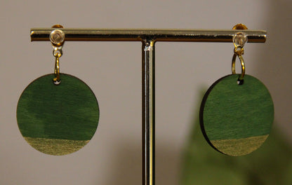 Green and Gold Burnt Geometric Circular Earrings