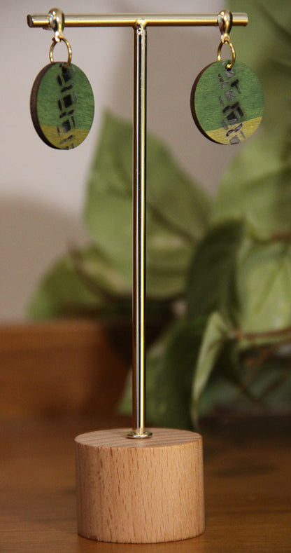 Green and Gold Burnt Geometric Circular Earrings