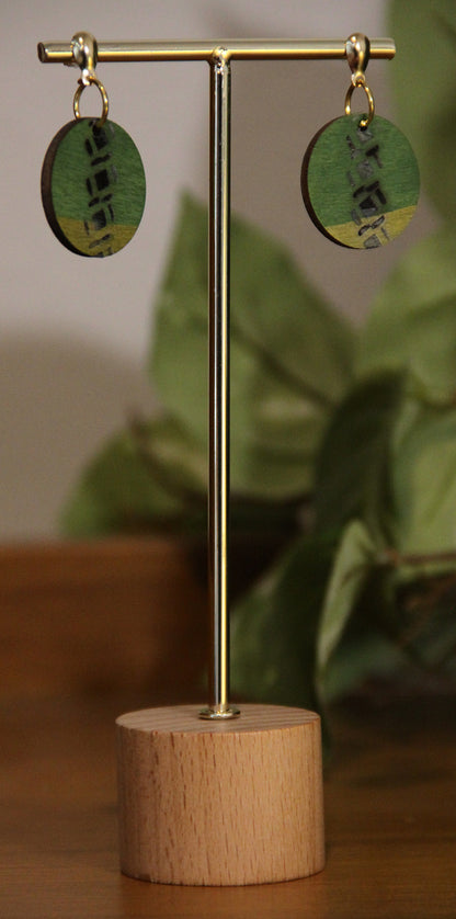 Green and Gold Burnt Geometric Circular Earrings