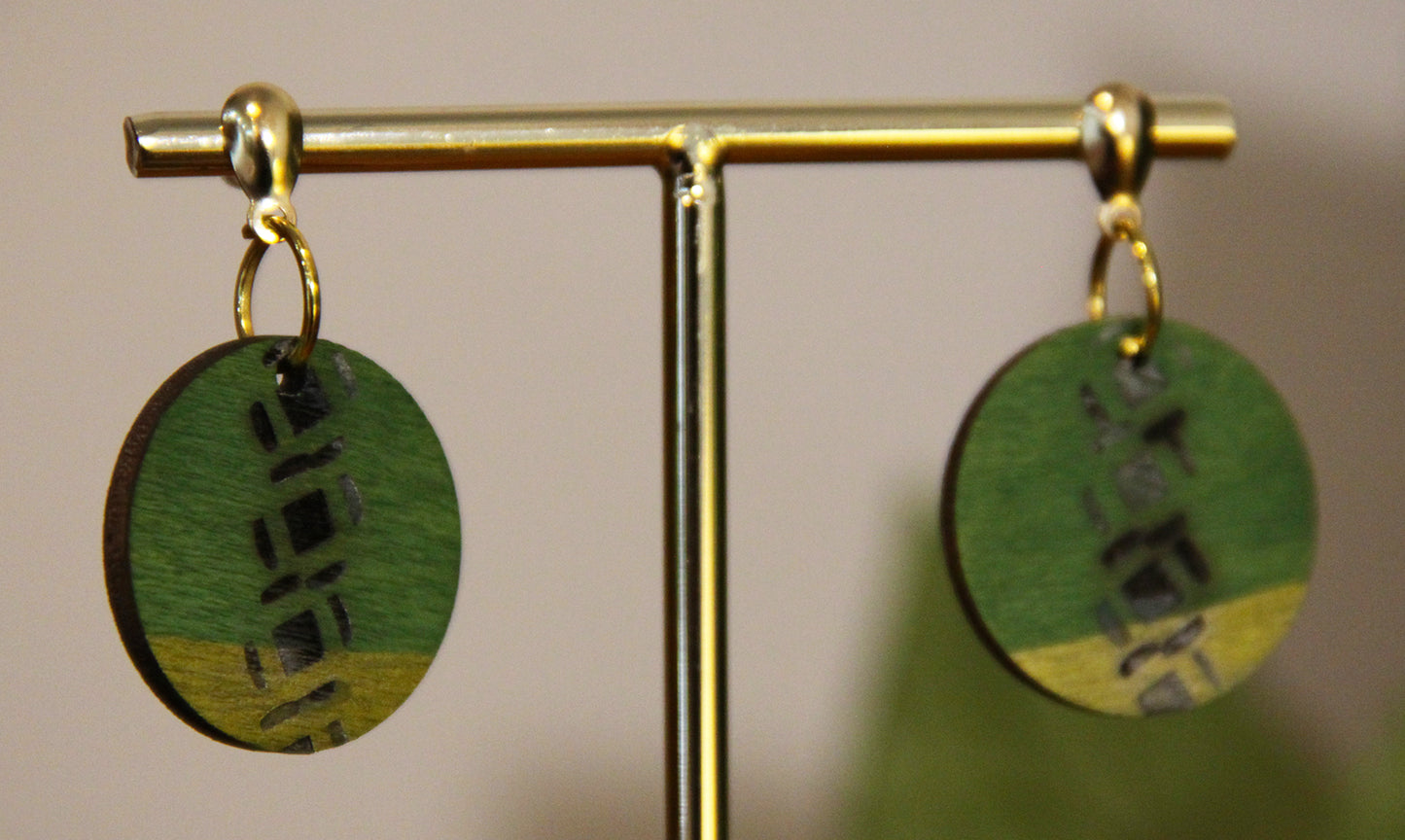 Green and Gold Burnt Geometric Circular Earrings