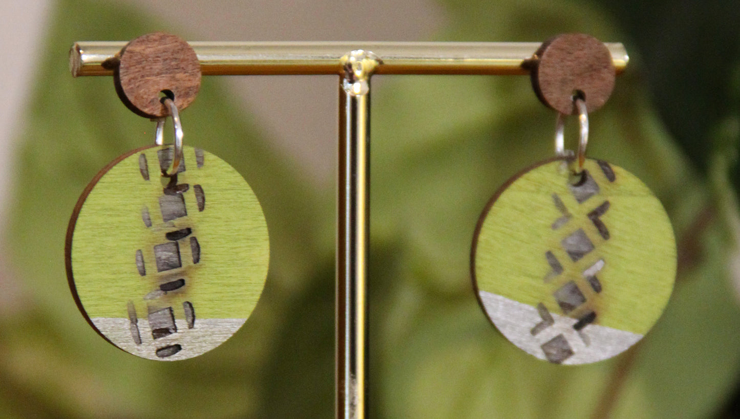 Lime Green and Silver Burnt Geometric Circular Earrings