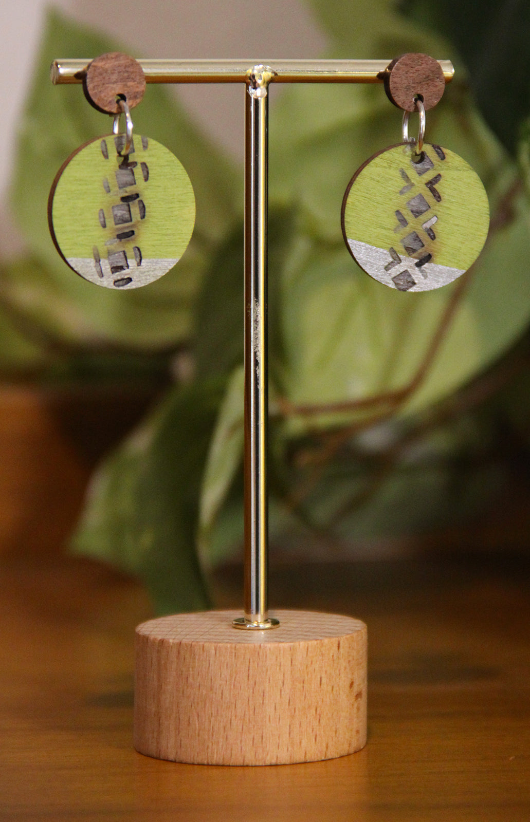 Lime Green and Silver Burnt Geometric Circular Earrings