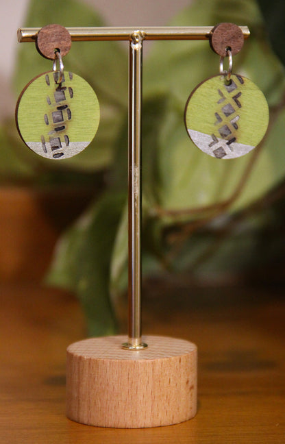 Lime Green and Silver Burnt Geometric Circular Earrings