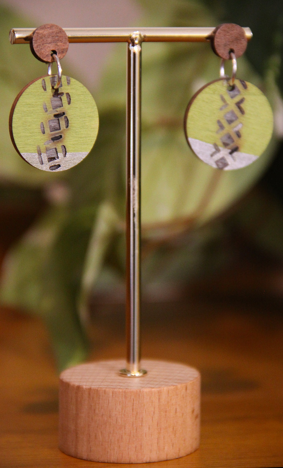 Lime Green and Silver Burnt Geometric Circular Earrings