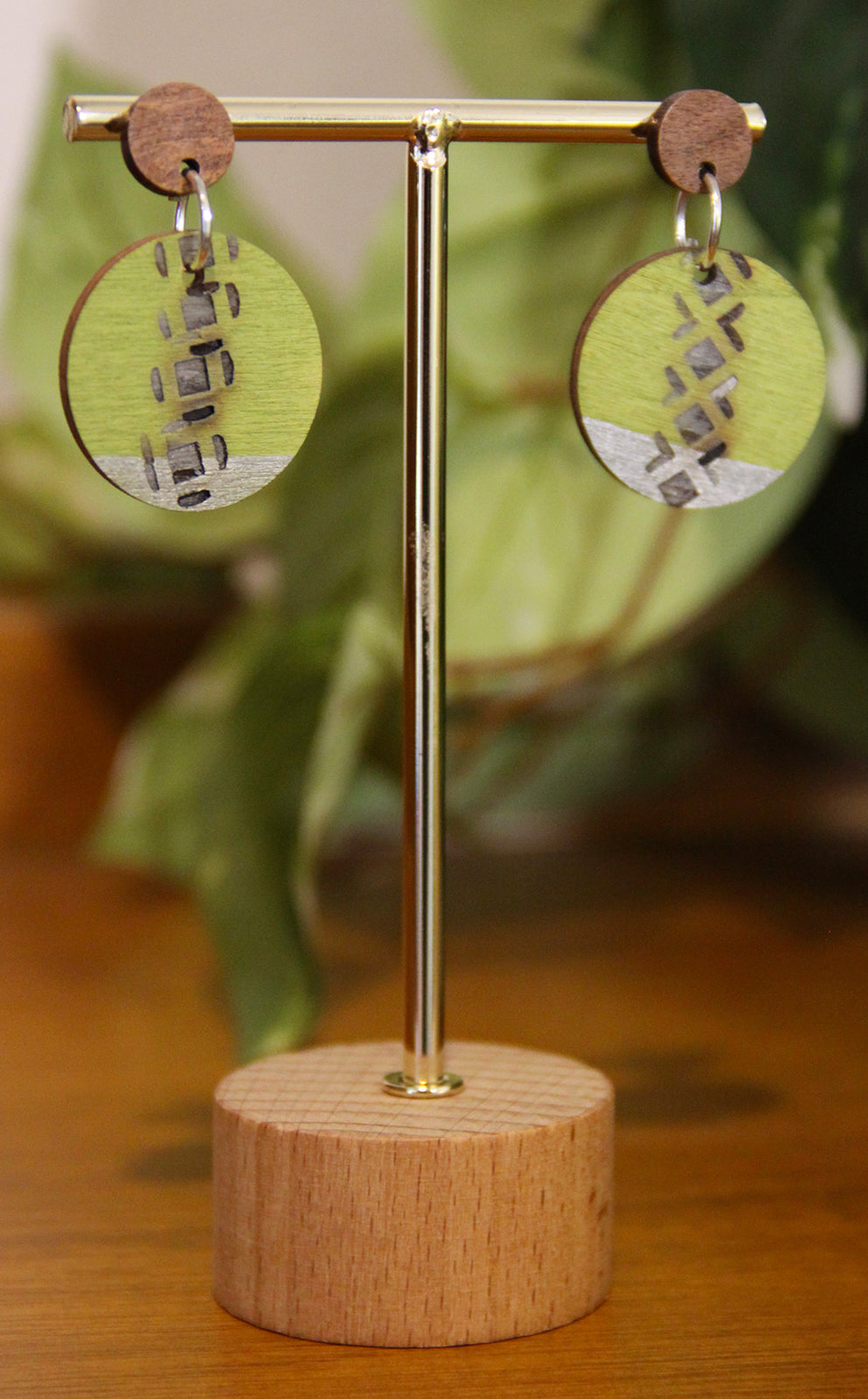 Lime Green and Silver Burnt Geometric Circular Earrings