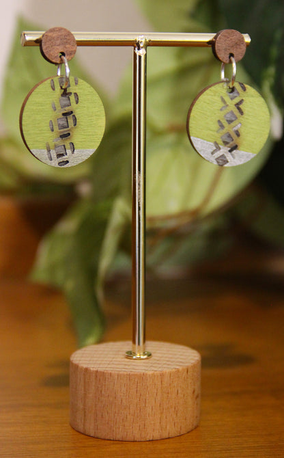 Lime Green and Silver Burnt Geometric Circular Earrings