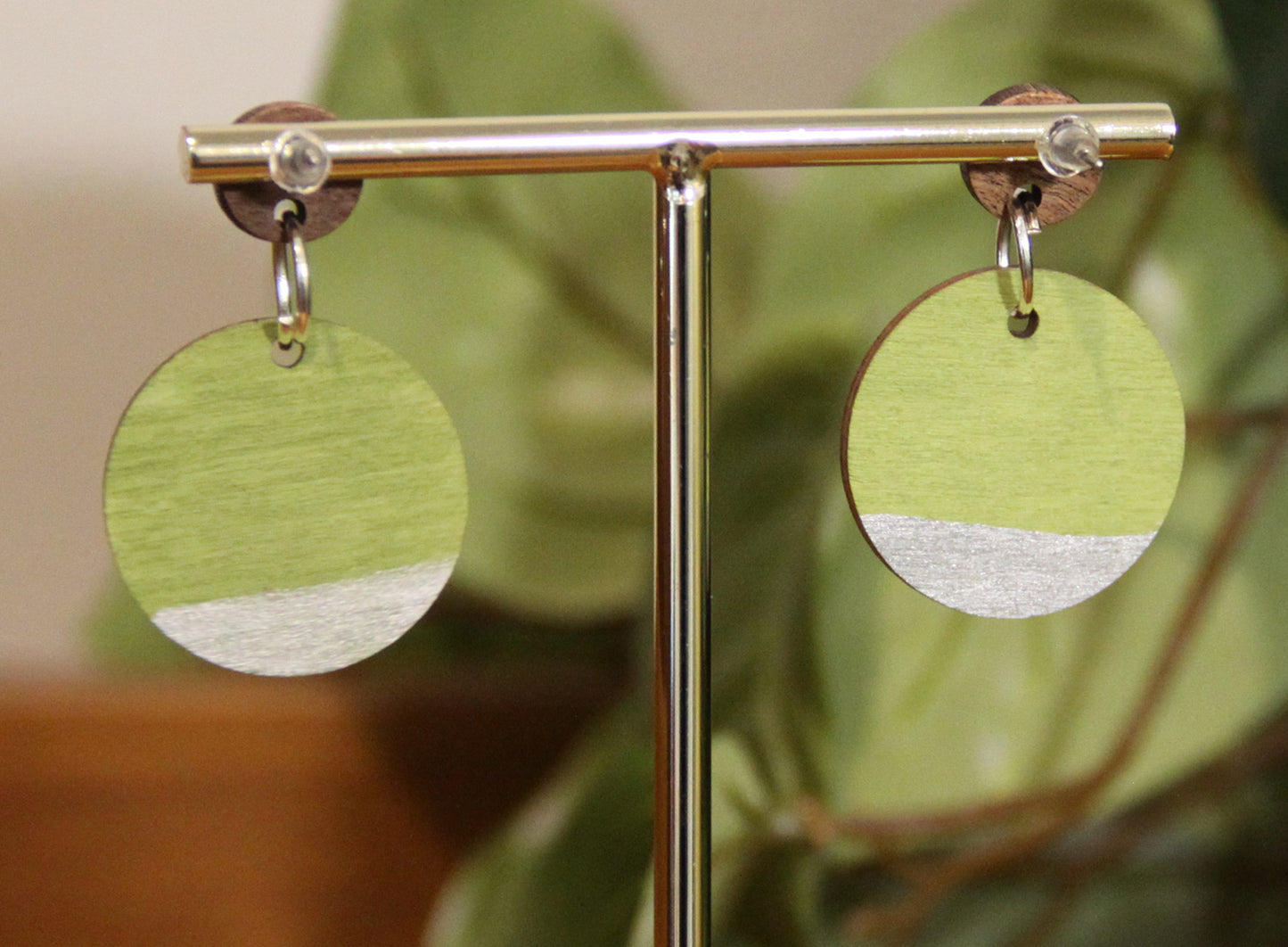 Lime Green and Silver Burnt Geometric Circular Earrings