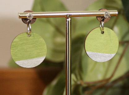 Lime Green and Silver Burnt Geometric Circular Earrings